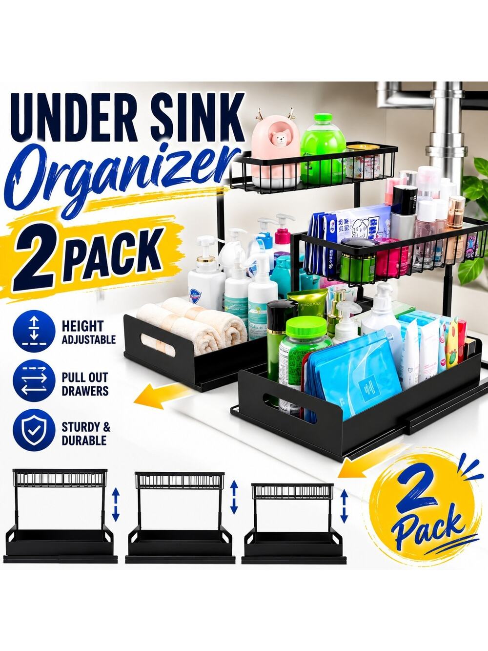 Under Sink Organizers, 2 Pack, Height Adjustable L-Shape Organizer by MirthMood